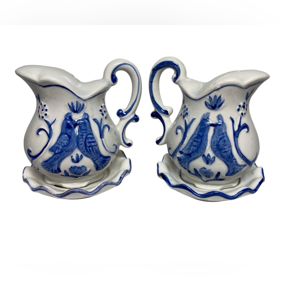 Vintage Enesco Salt Pepper Shaker Set White Blue Birds Ceramic with‎ Stoppers